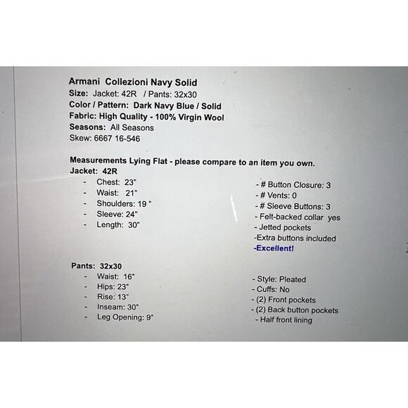 Armani Collezioni 42R 32x30 Dark Navy Blue Designer 2-Piece Suit Set - Picture 10 of 16